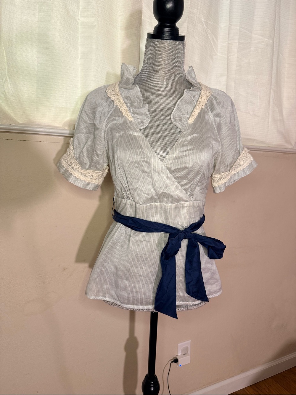 Floreat Striped Wrap Blouse with Navy Sash and Lace Trim